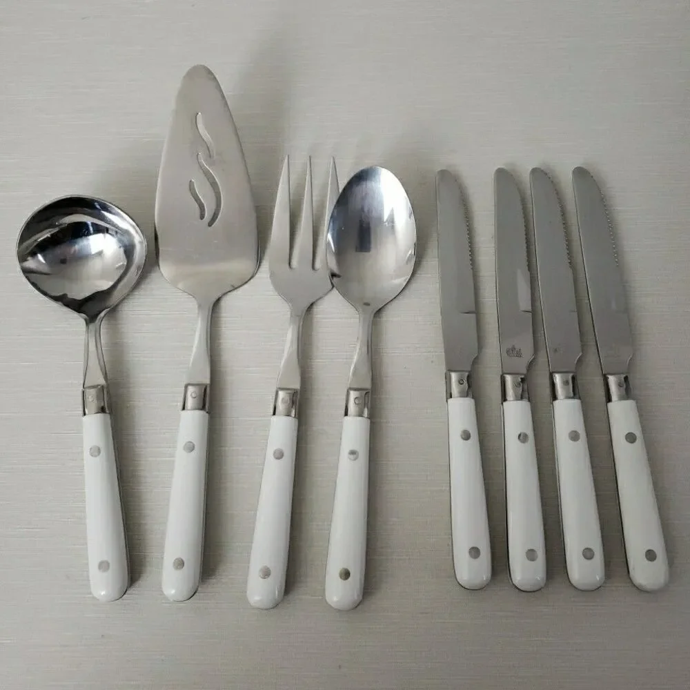 Lifetime Stainless Serving Utensil & 4 Dinner Knives Rivet White Handle Thailand